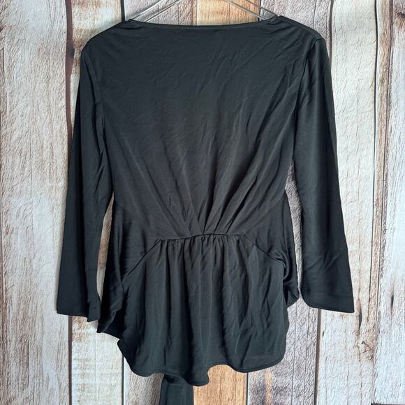 M.M. LaFleur Blouse Walker 2.0 Black Knit Crepe Top Tie Front Asymmetrical Hem S - Picture 2 of 10